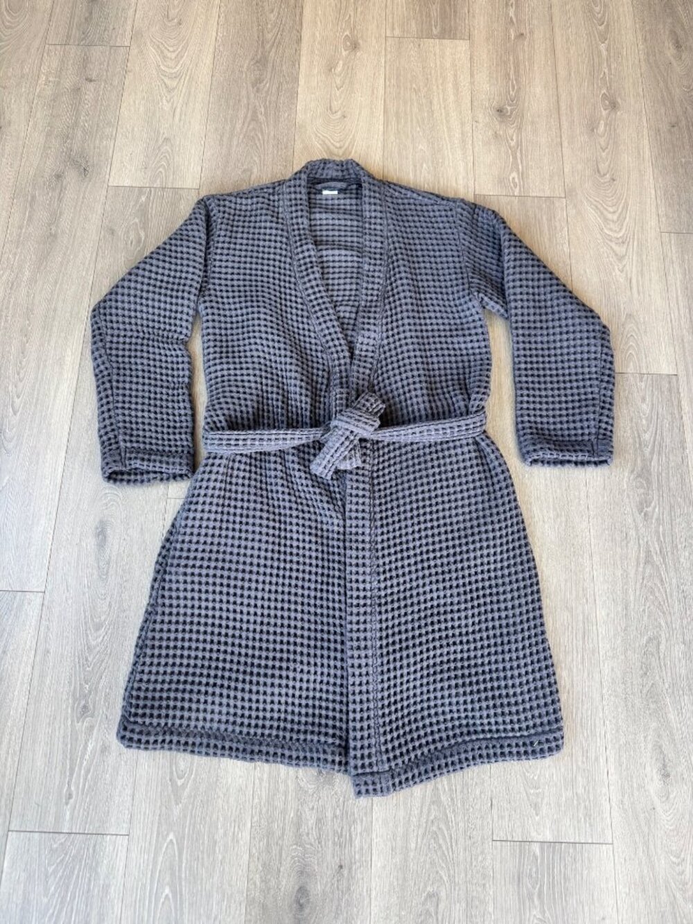 Brooklinen Waffle Weave 100% Cotton Gray Slate Bathrobe Size L With Belt